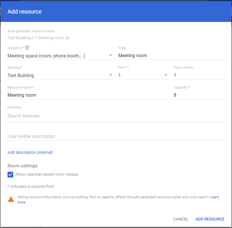 How do I set up room resource calendars in Google Workspace?
